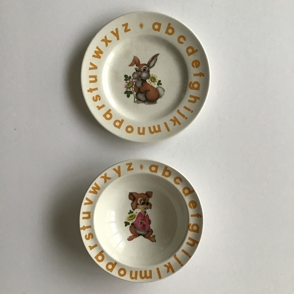 Child’s Alphabet Plate & Bowl England Woods & Sons Nursery Rhyme Bunny Vintage